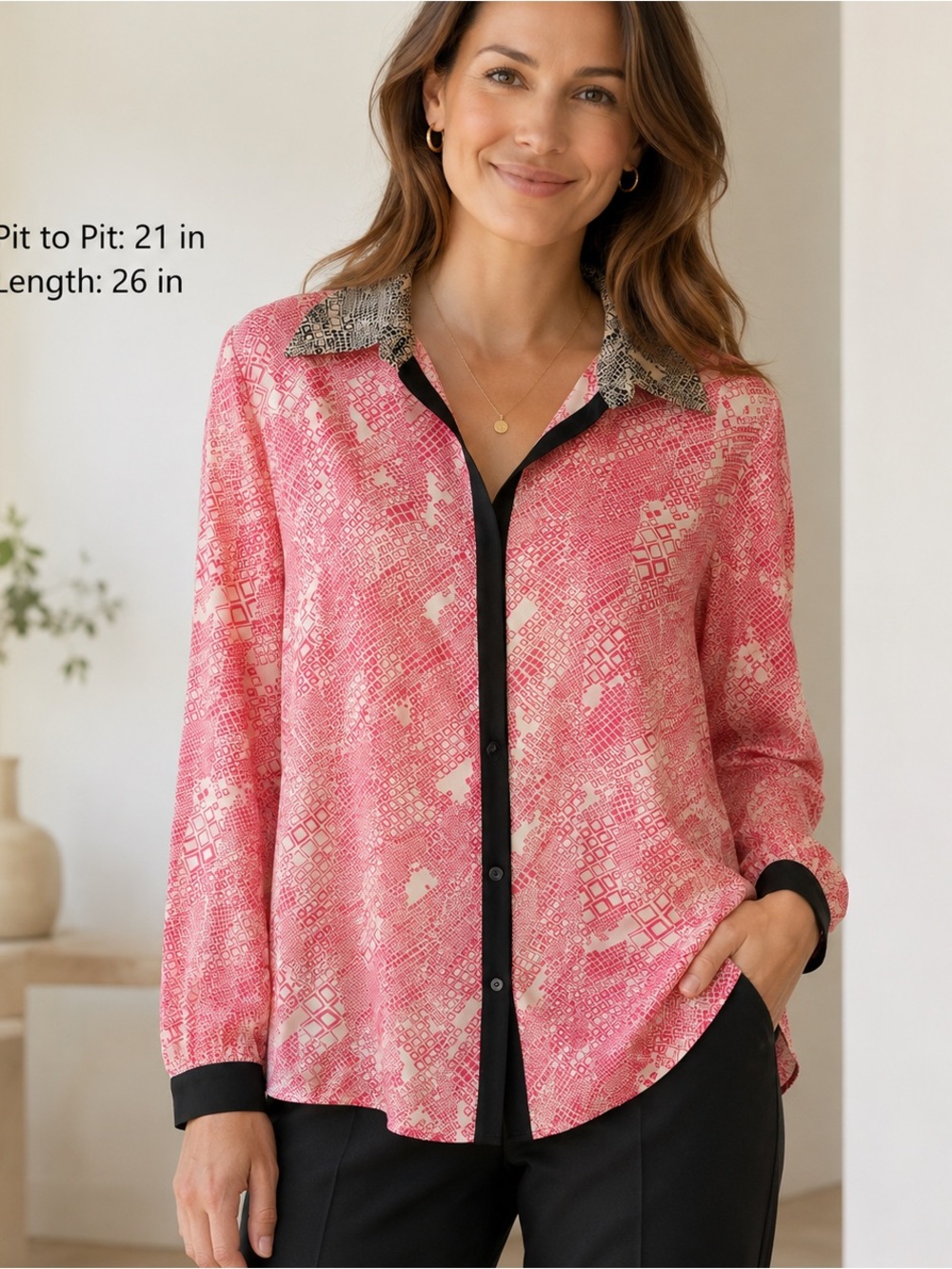 Trina Turk 100% Silk Geometric Snake Print Button Blouse Pink Black